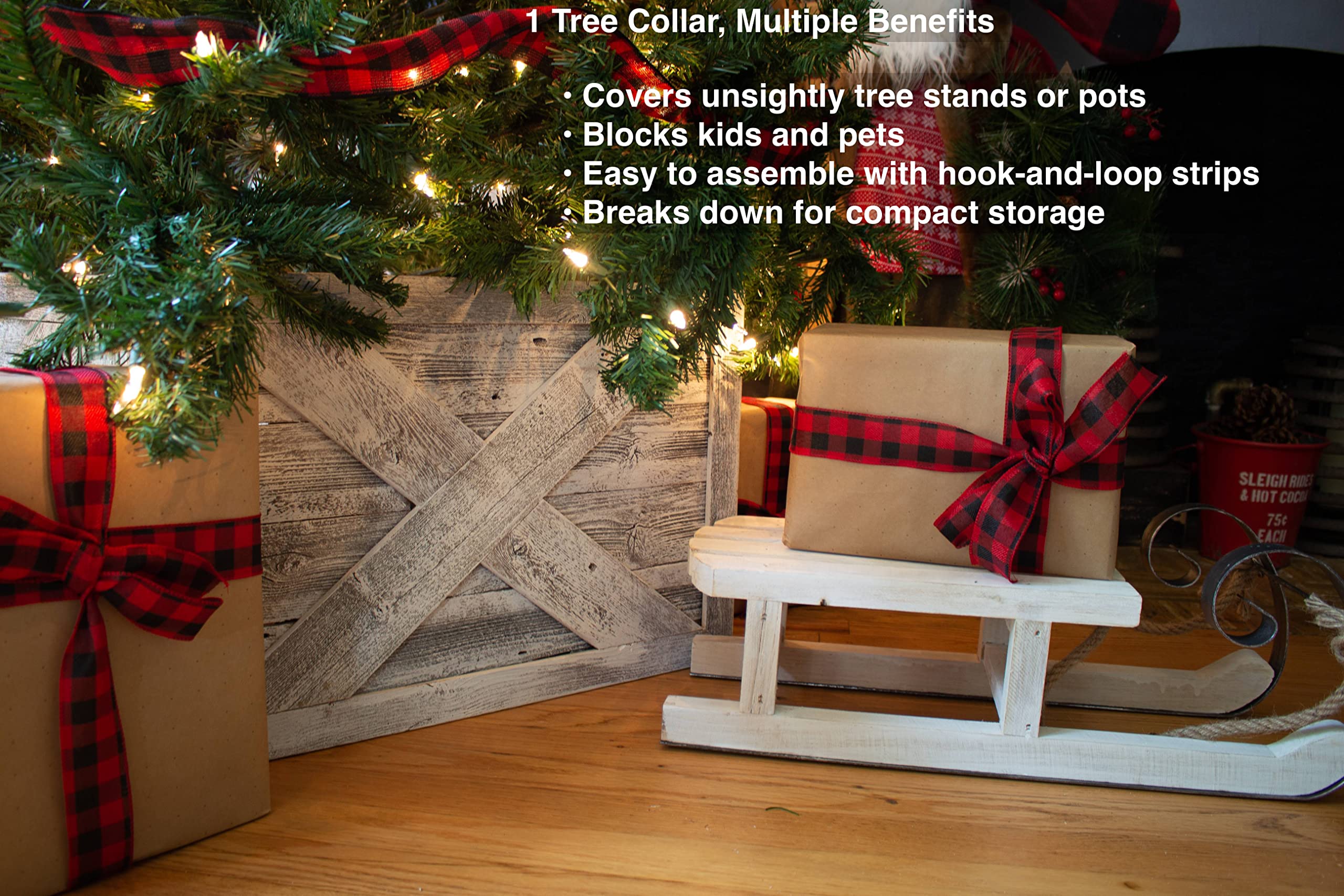 BARNWOODUSA Christmas Tree Collar or Box Made of Reclaimed Wood Rustic Skirt Replacement Blocks, Hook-&-Loop Strip Panels, 30x22.5 in., Whitewash - Image 3